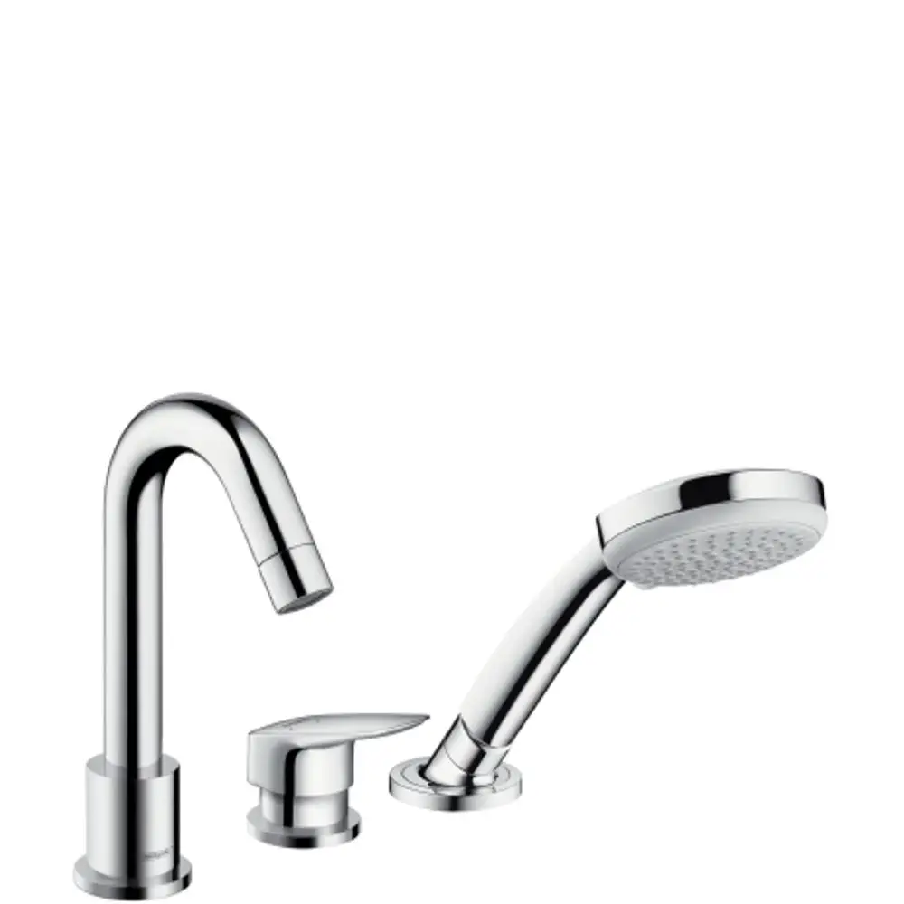 Hansgrohe Armatur mit drei Komponenten: ein hohes Auslaufrohr, ein Bedienhebel und eine Handbrause. Alle Teile in verchromter Ausführung.